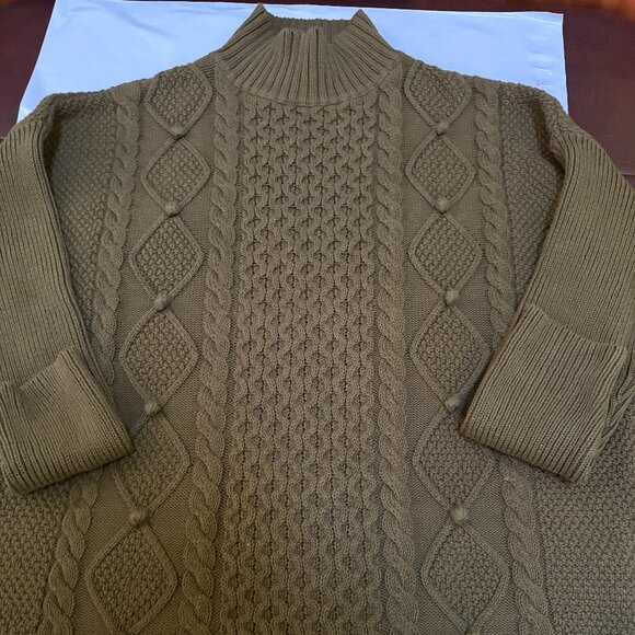 J CREW Pom Pom Cable Knit Sweater Mock Neck Cotton Moss Green Sz S - Picture 1 of 8